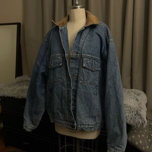 Vintage 90s Timberland blue denim fleece lined jacket with brown leather collar